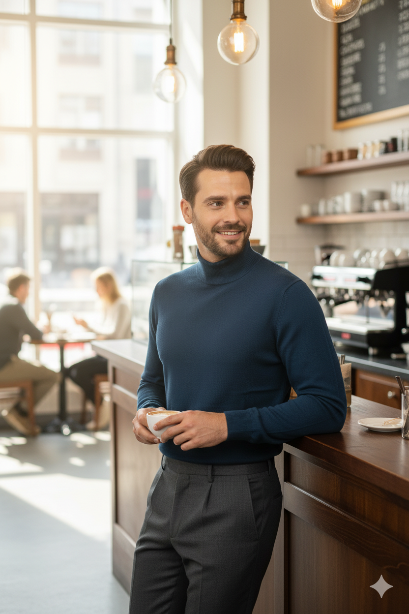 Erkek Kışlık Yarım Balıkçı Yaka Kazak Pamuklu Marina Örme Uzun Kollu Düz Renk Rahat Kesim