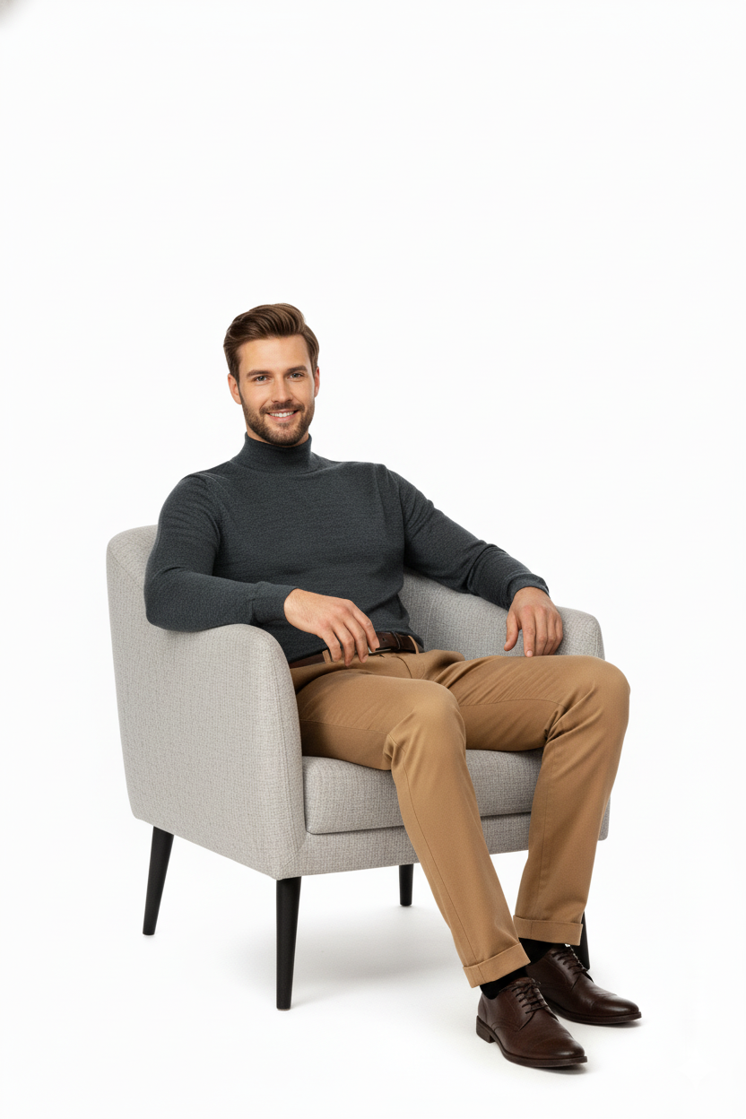 Erkek Kışlık Yarım Balıkçı Yaka Kazak Pamuklu Marina Örme Uzun Kollu Düz Renk Rahat Kesim