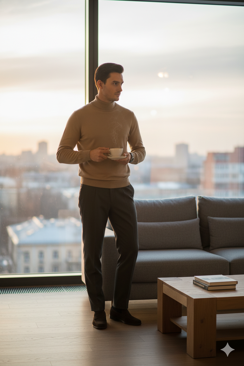 Erkek Kışlık Yarım Balıkçı Yaka Kazak Pamuklu Marina Örme Uzun Kollu Düz Renk Rahat Kesim