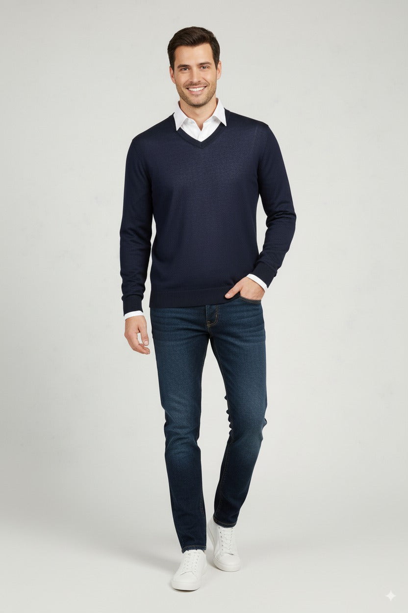 Erkek Uzun Kollu V Yakalı Düz Renk Klasik Model Rahat Kesim Tam Kalıp Yünlü Dokuma Kazak