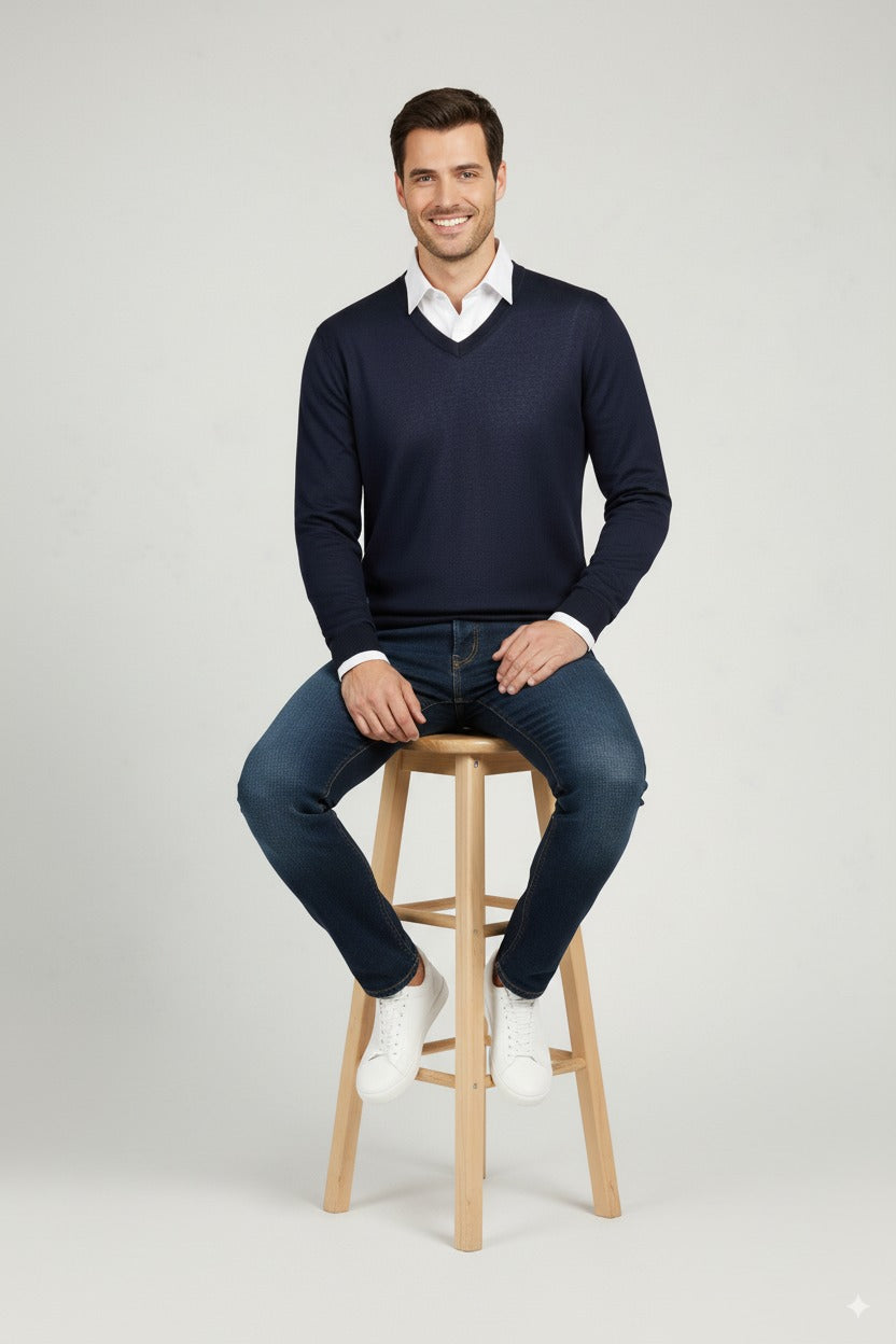 Erkek Uzun Kollu V Yakalı Düz Renk Klasik Model Rahat Kesim Tam Kalıp Yünlü Dokuma Kazak