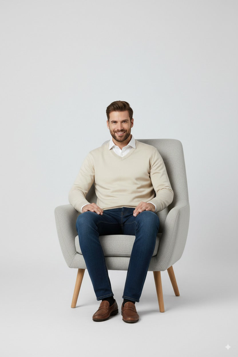 Erkek Uzun Kollu V Yakalı Düz Renk Klasik Model Rahat Kesim Tam Kalıp Yünlü Dokuma Kazak