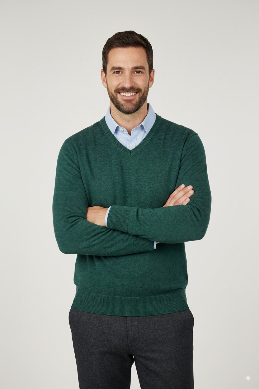 Erkek Uzun Kollu V Yakalı Düz Renk Klasik Model Rahat Kesim Tam Kalıp Yünlü Dokuma Kazak