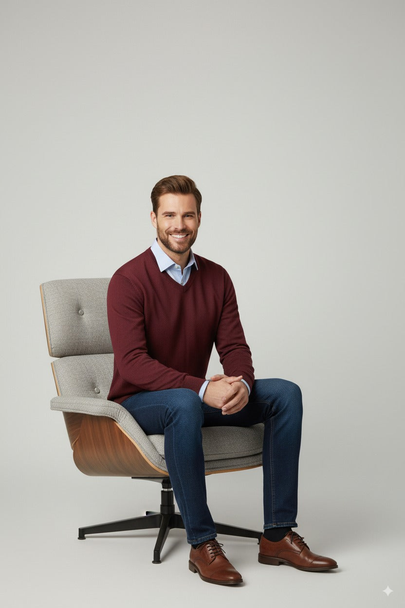 Erkek Uzun Kollu V Yakalı Düz Renk Klasik Model Rahat Kesim Tam Kalıp Yünlü Dokuma Kazak