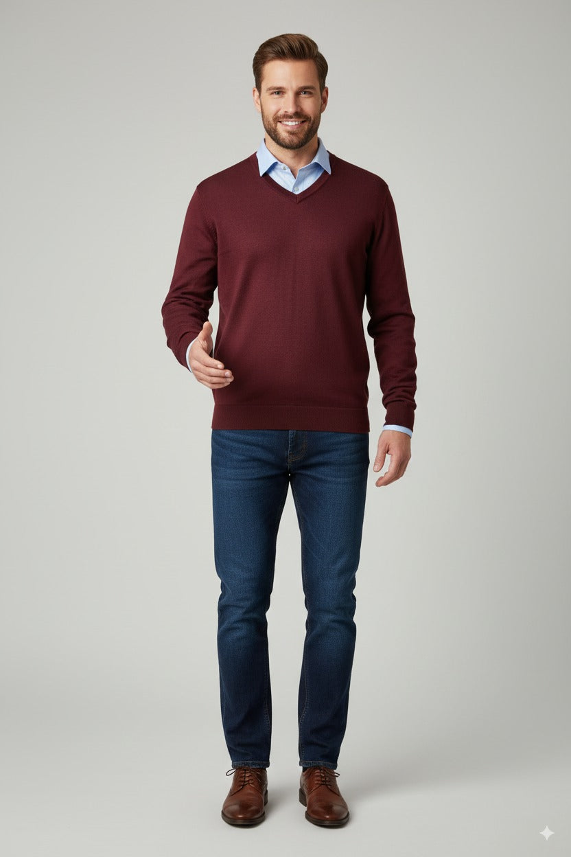 Erkek Uzun Kollu V Yakalı Düz Renk Klasik Model Rahat Kesim Tam Kalıp Yünlü Dokuma Kazak