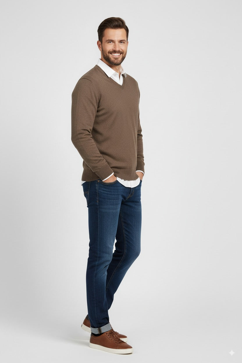 Erkek Uzun Kollu V Yakalı Düz Renk Klasik Model Rahat Kesim Tam Kalıp Yünlü Dokuma Kazak