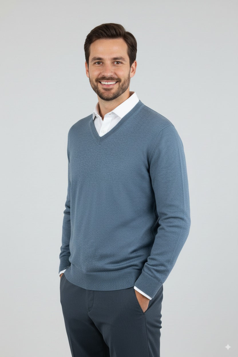 Erkek Uzun Kollu V Yakalı Düz Renk Klasik Model Rahat Kesim Tam Kalıp Yünlü Dokuma Kazak