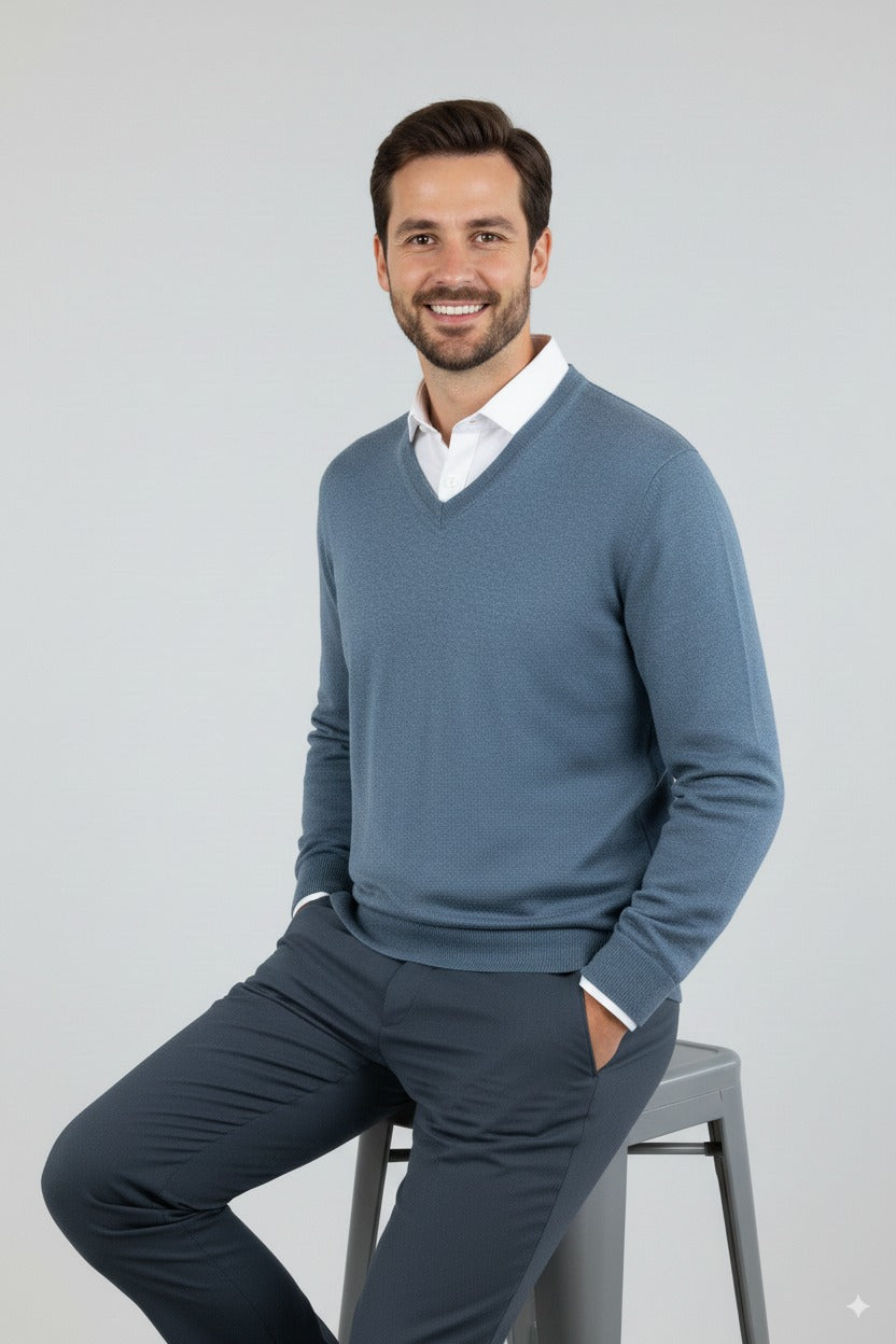 Erkek Uzun Kollu V Yakalı Düz Renk Klasik Model Rahat Kesim Tam Kalıp Yünlü Dokuma Kazak