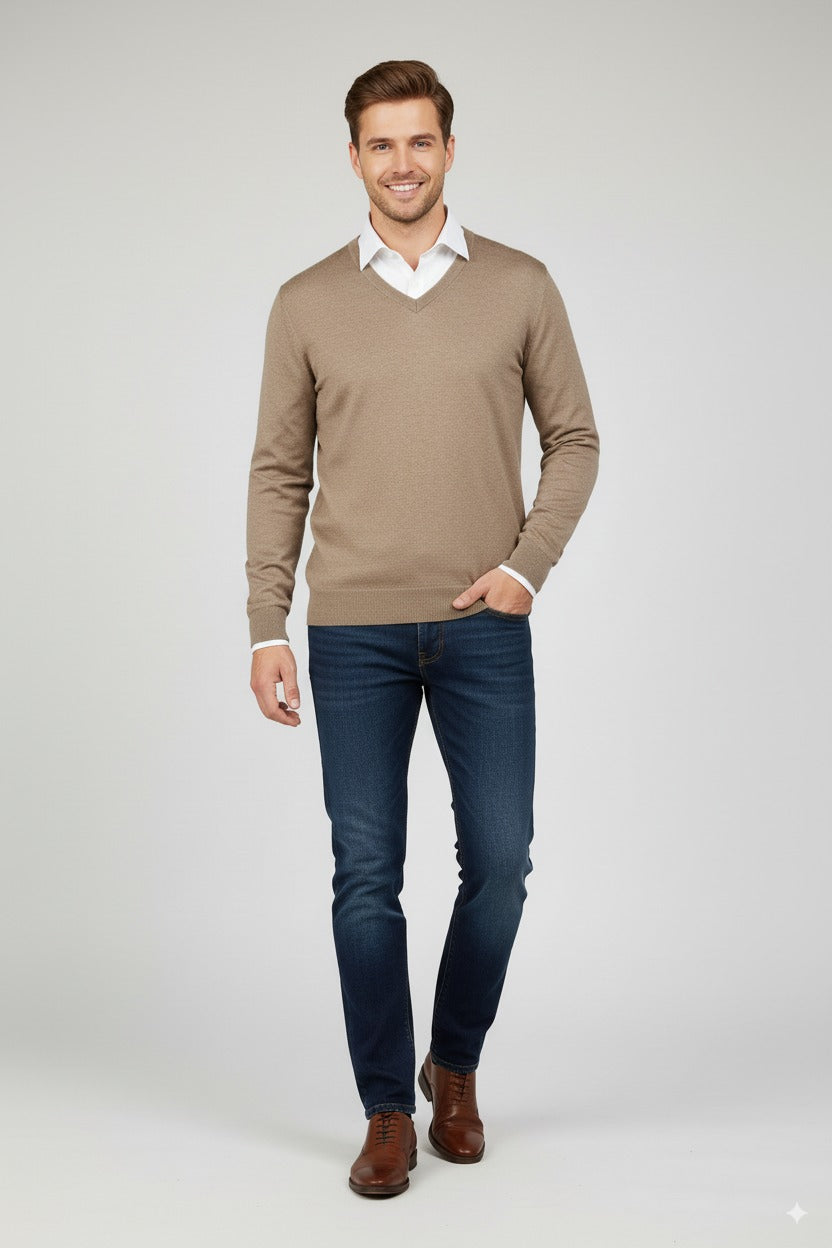 Erkek Uzun Kollu V Yakalı Düz Renk Klasik Model Rahat Kesim Tam Kalıp Yünlü Dokuma Kazak