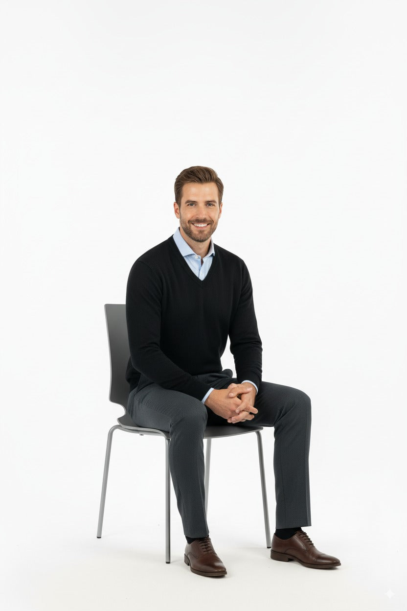 Erkek Uzun Kollu V Yakalı Düz Renk Klasik Model Rahat Kesim Tam Kalıp Yünlü Dokuma Kazak