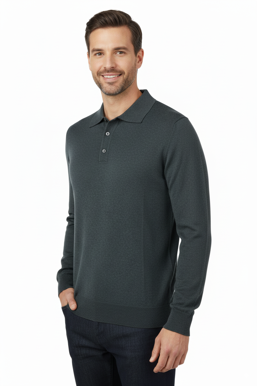 Erkek Yünlü Dokuma Kazak Cepsiz Polo Yaka Düz Renk Klasik Model Rahat Kesim Tam Kalıp