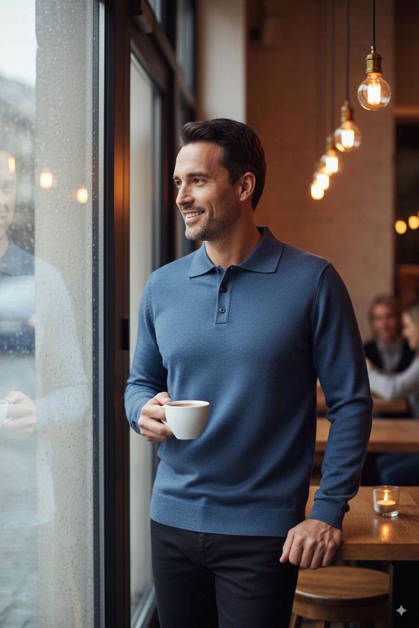 Erkek Yünlü Dokuma Kazak Cepsiz Polo Yaka Düz Renk Klasik Model Rahat Kesim Tam Kalıp