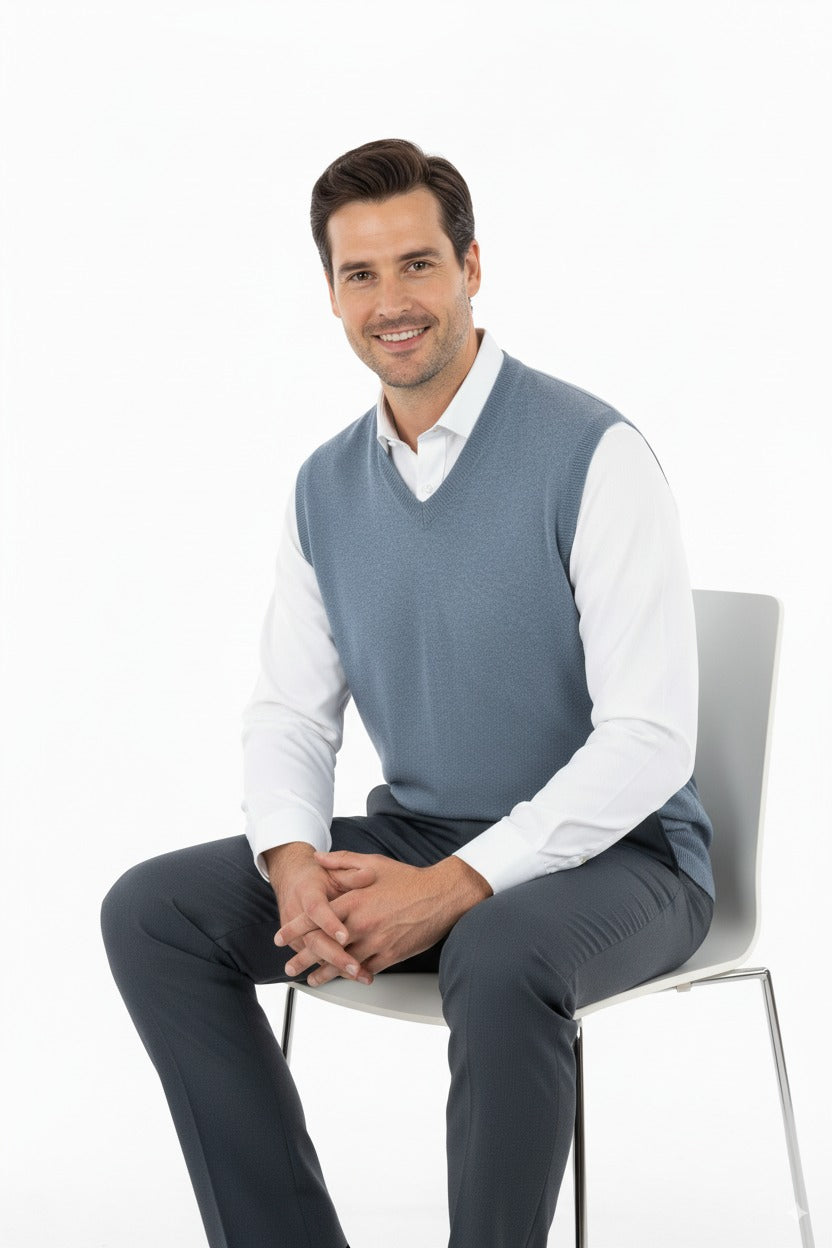 Erkek V Yakalı Düz Renk Klasik Model Rahat Kesim Tam Kalıp Ince Yünlü Dokuma Süveter