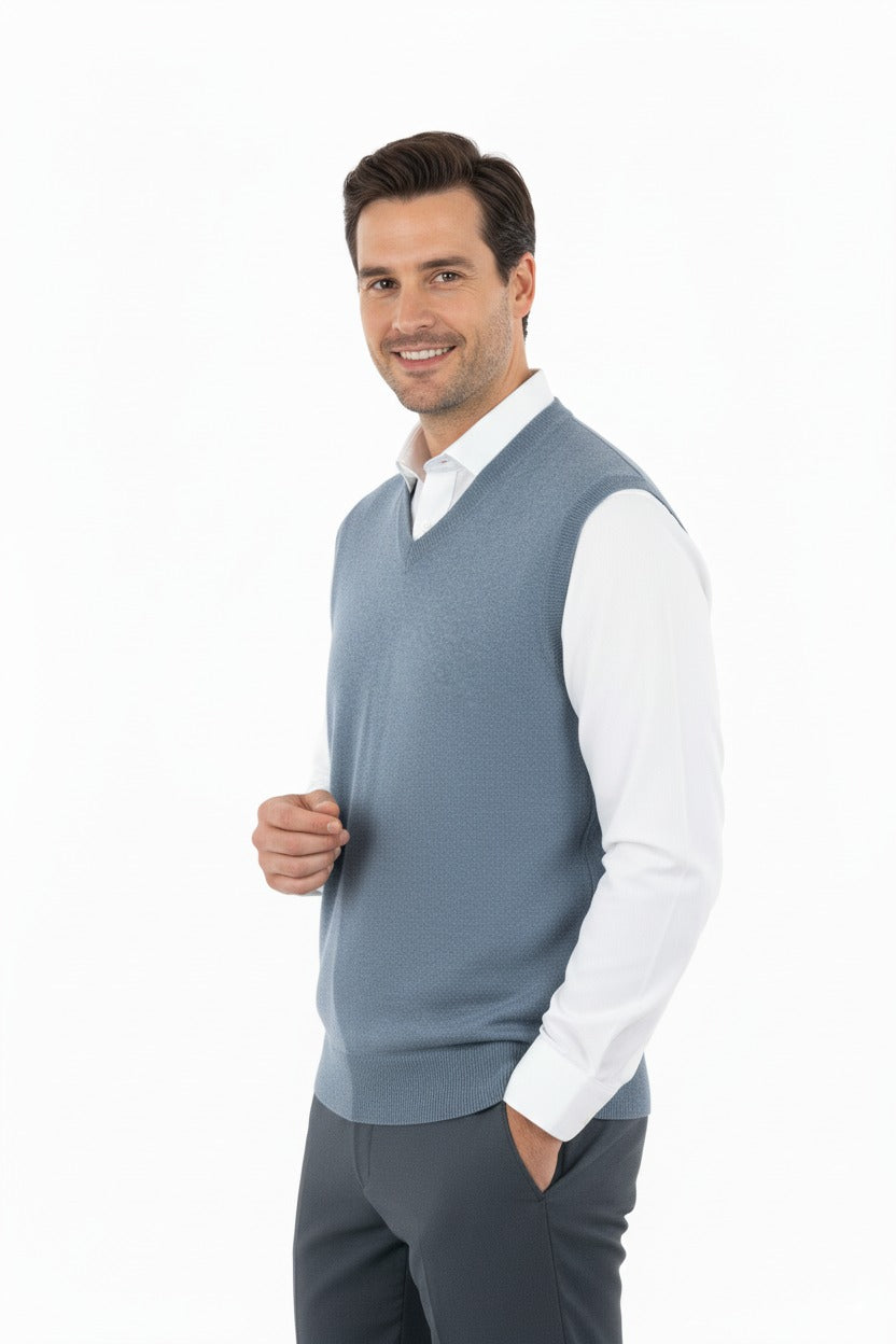 Erkek V Yakalı Düz Renk Klasik Model Rahat Kesim Tam Kalıp Ince Yünlü Dokuma Süveter