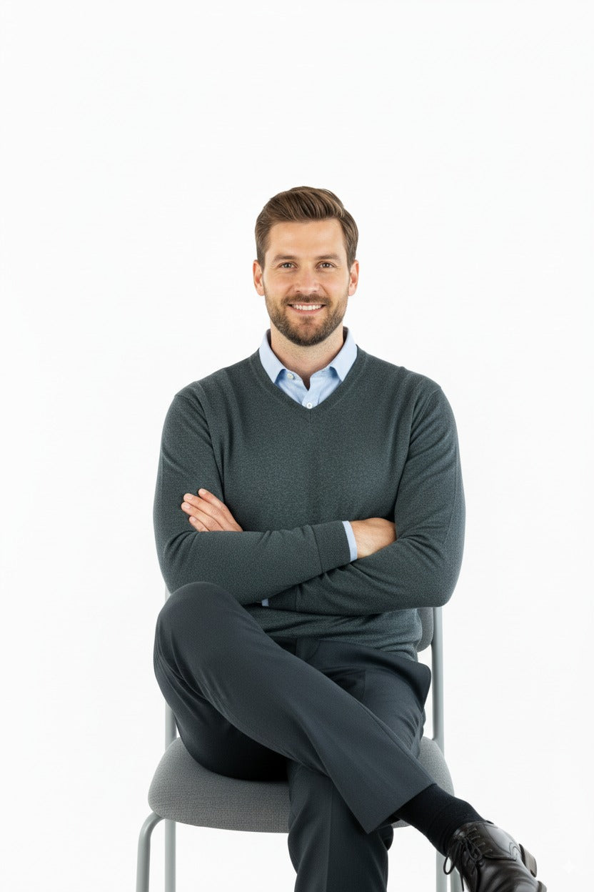 Erkek Uzun Kollu V Yakalı Düz Renk Klasik Model Rahat Kesim Tam Kalıp Yünlü Dokuma Kazak