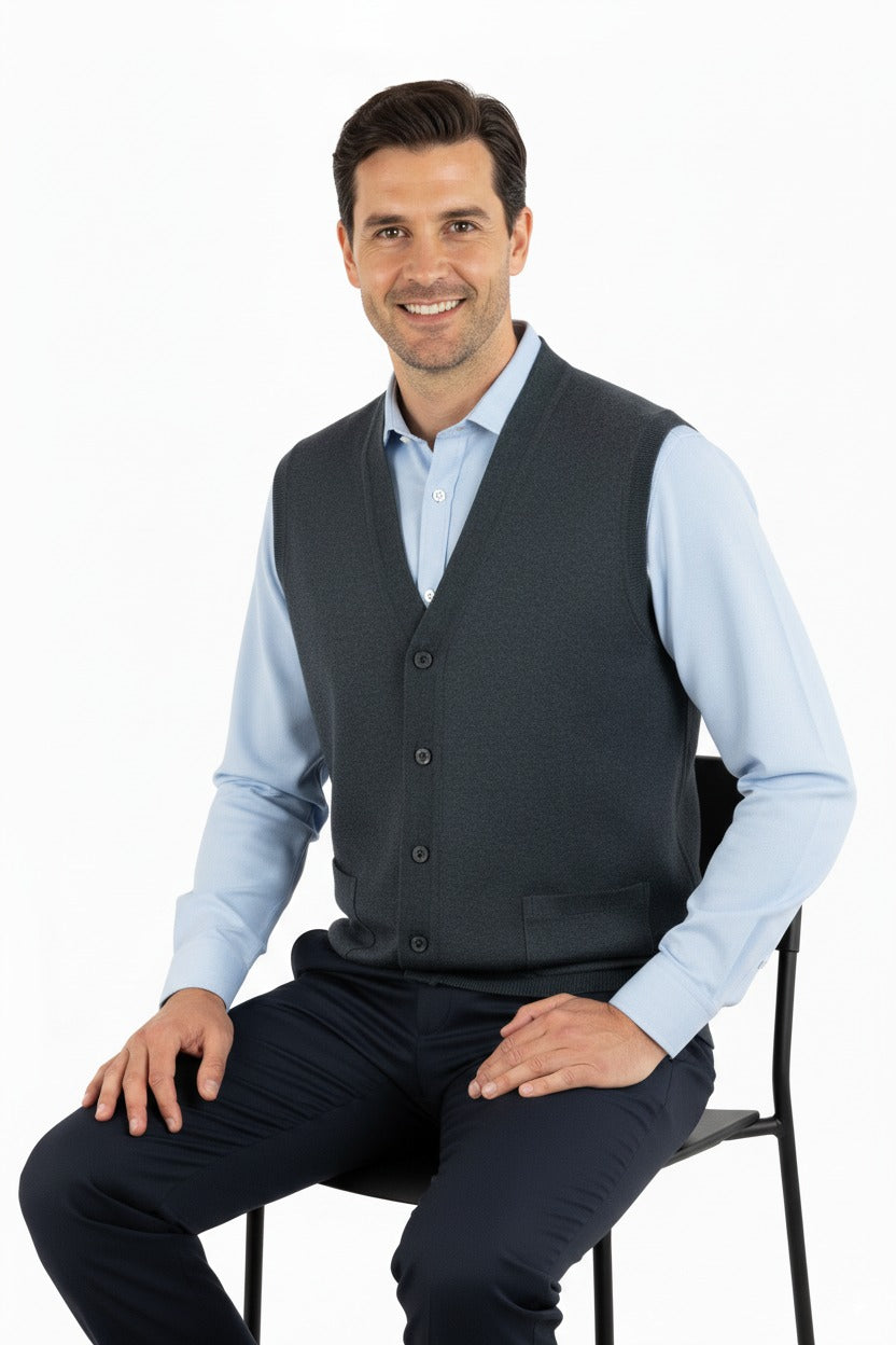 Erkek V Yakalı Düğmeli Cepli Klasik Model Rahat Kesim Tam Kalıp Yünlü Dokuma Yelek