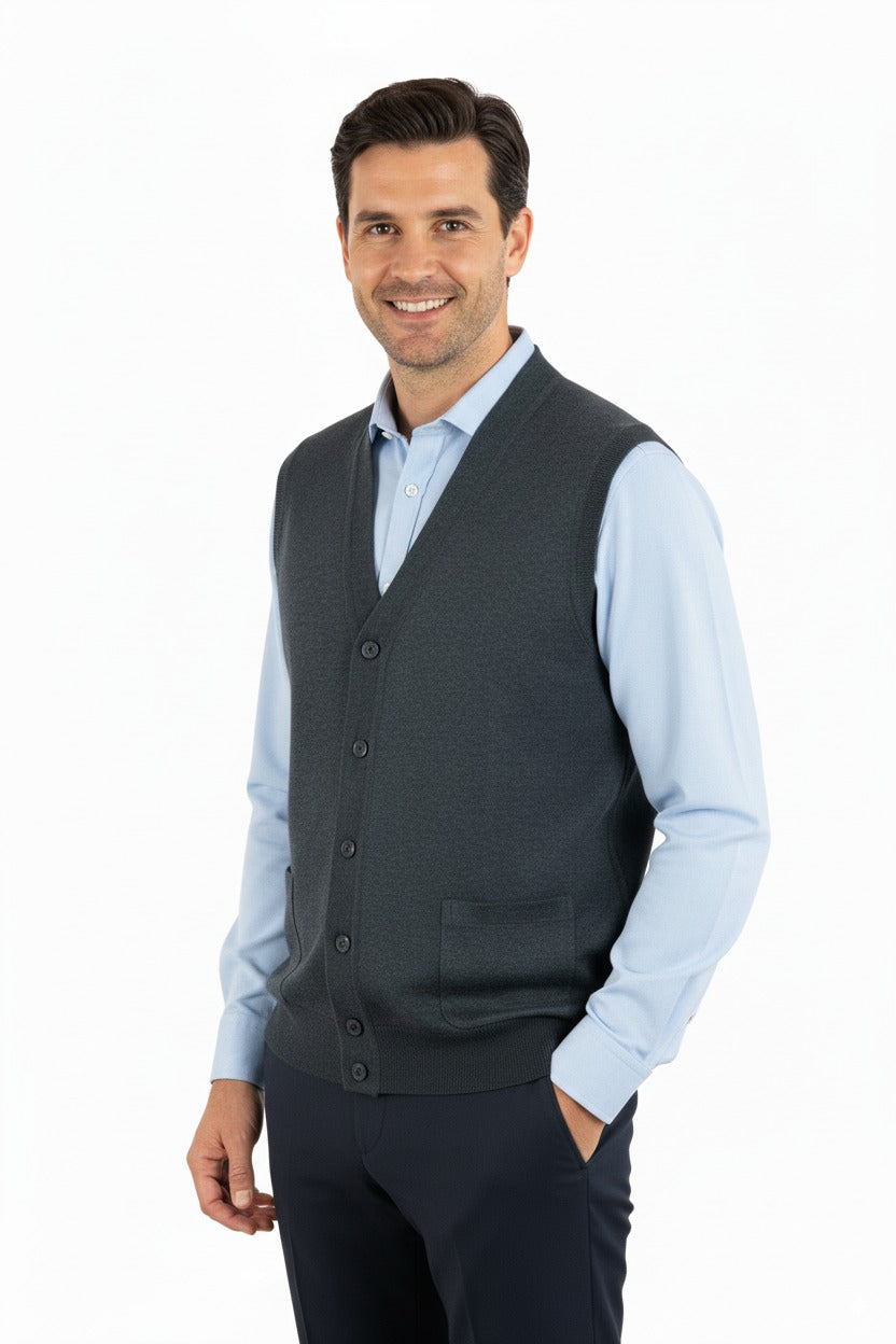 Erkek V Yakalı Düğmeli Cepli Klasik Model Rahat Kesim Tam Kalıp Yünlü Dokuma Yelek