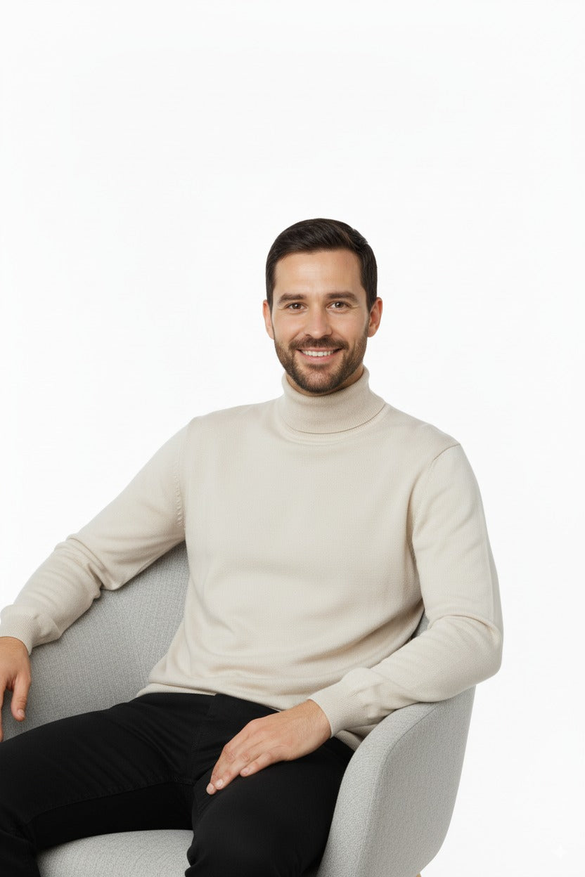 Erkek Uzun Kollu Tam Boğazlı Yaka Klasik Model Rahat Kesim Tam Kalıp Yünlü Dokuma Kazak