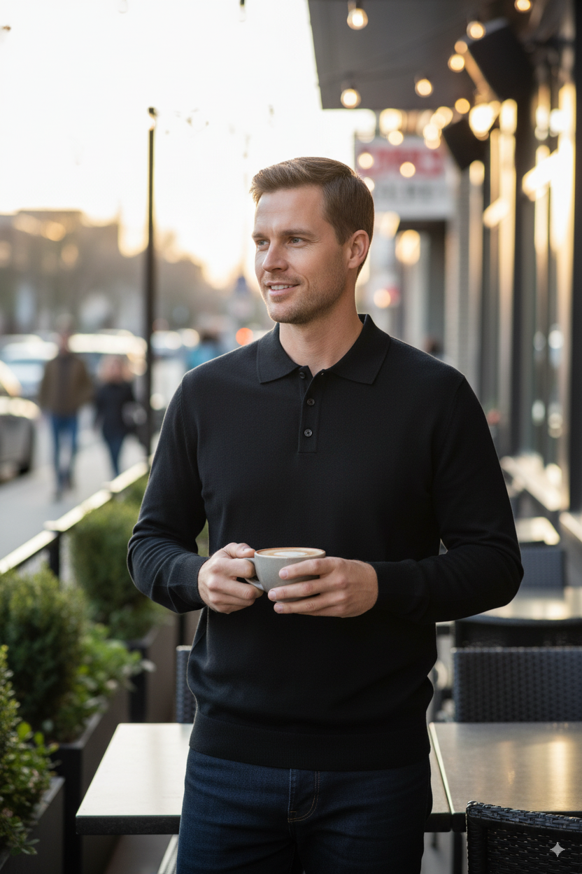 Erkek Yünlü Dokuma Kazak Cepsiz Polo Yaka Düz Renk Klasik Model Rahat Kesim Tam Kalıp