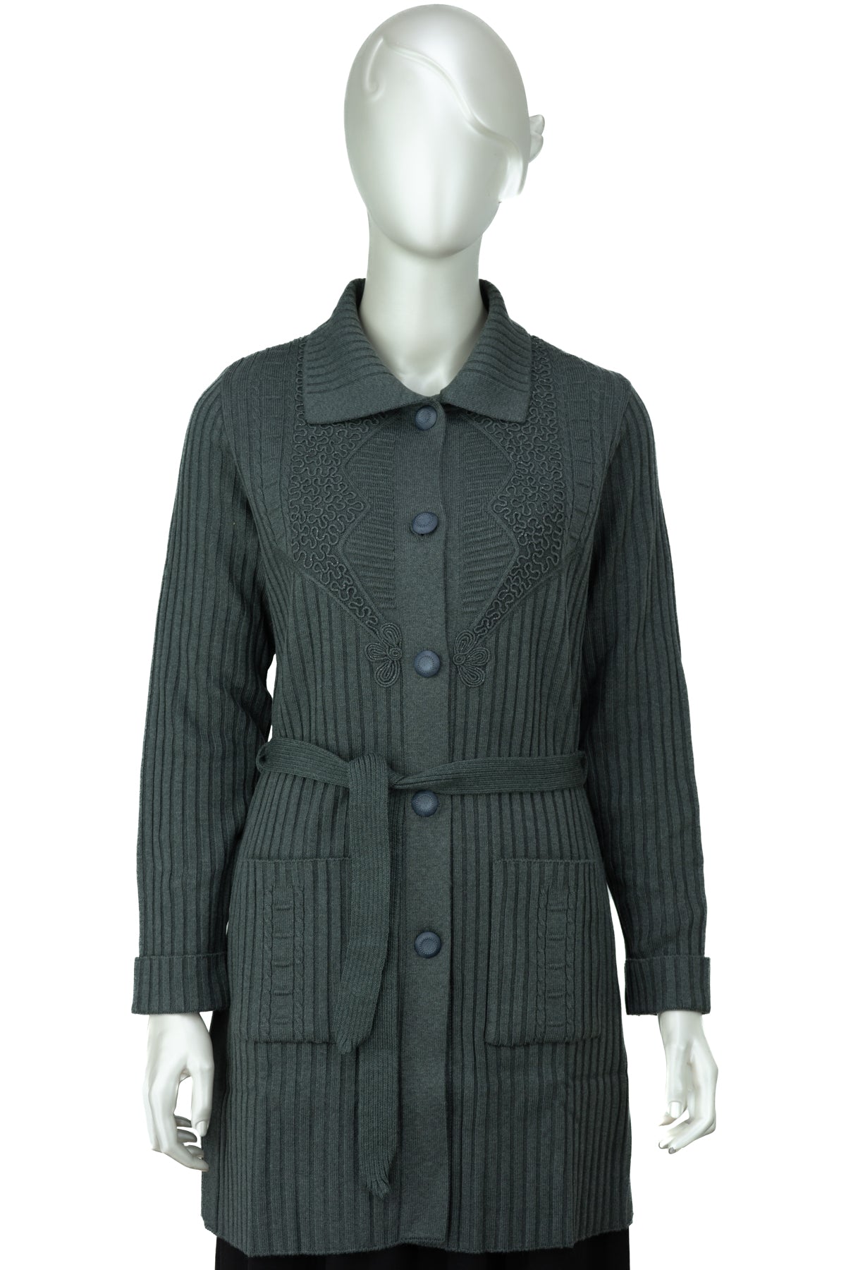 Kadın Kışlık Yünlü Örme Anne Hırka Bebe Yaka Hanedan Taşı Motifli Çift Cepli Düğmeli Likralı