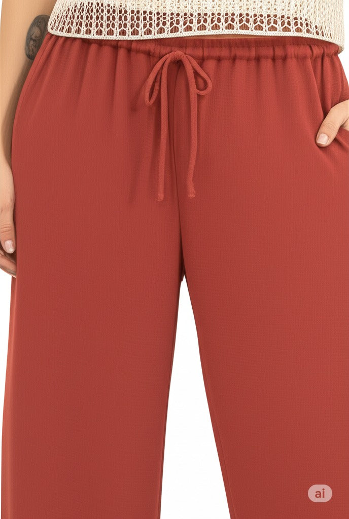 Kadın Düz Renk Rahat Kesim Beli Lastikli Aerobin Kumaş Pantolon