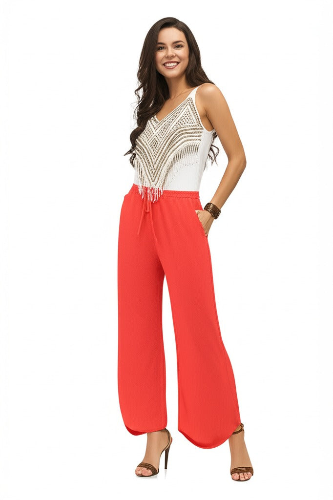 Kadın Düz Renk Rahat Kesim Beli Lastikli Aerobin Kumaş Pantolon Rahat