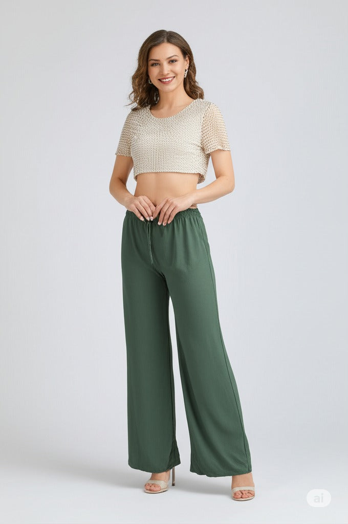 Kadın Düz Renk Rahat Kesim Beli Lastikli Aerobin Kumaş Pantolon Rahat