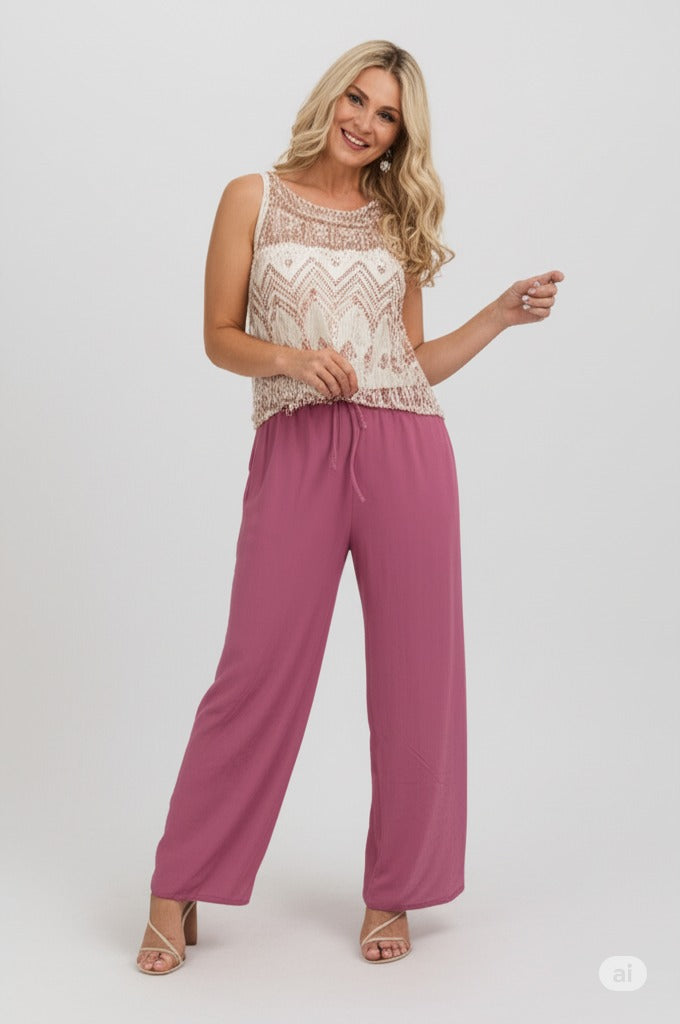 Kadın Düz Renk Rahat Kesim Beli Lastikli Aerobin Kumaş Pantolon