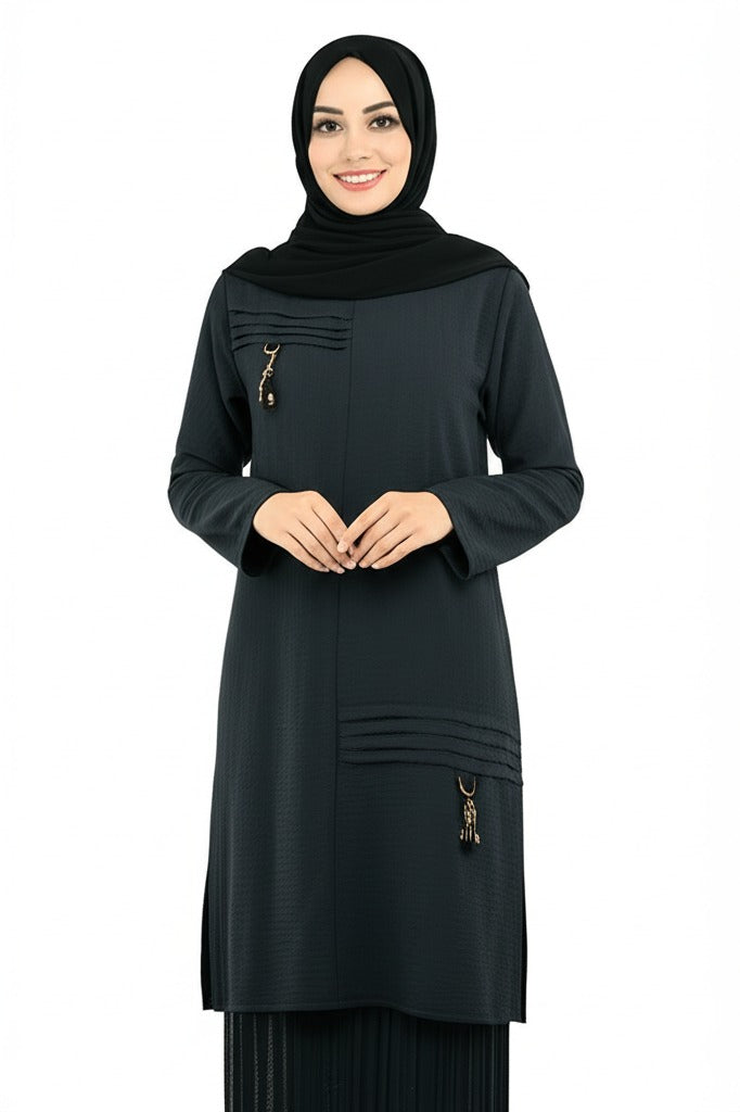 Kadın Bahar Püskülü Detaylı Yuvarlak Yaka Rahat Kesim Likrasız Aerobin Kumaş Tunik