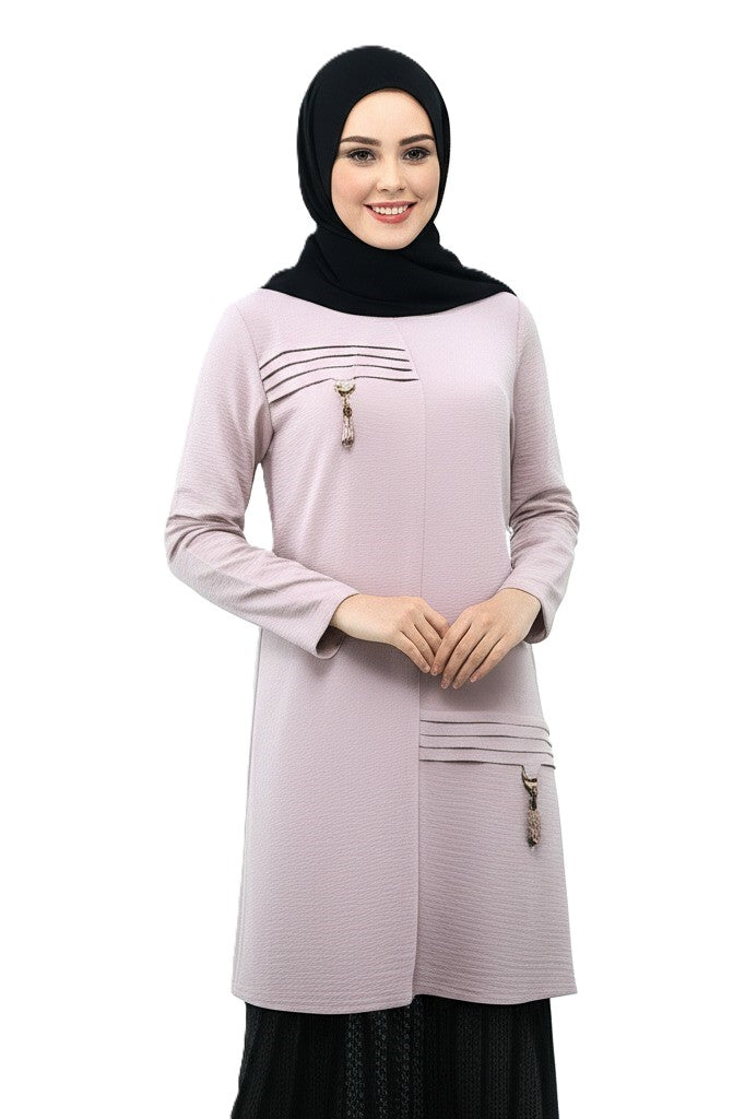 Kadın Bahar Püskülü Detaylı Yuvarlak Yaka Rahat Kesim Aerobin Kumaş Tunik