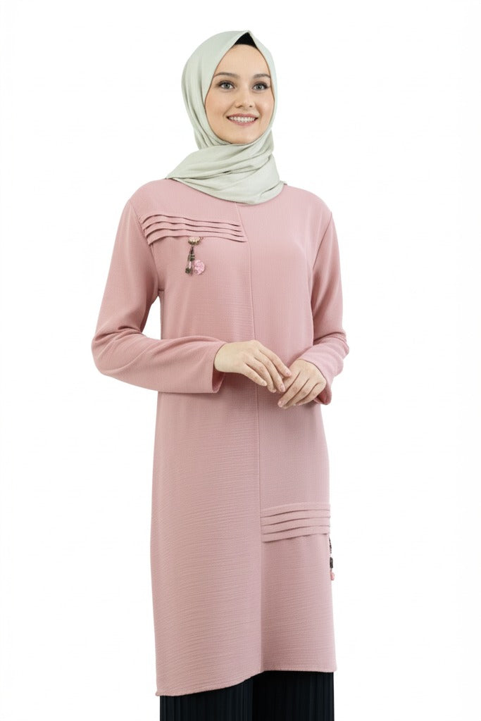 Kadın Bahar Püskülü Detaylı Yuvarlak Yaka Rahat Kesim Likrasız Aerobin Kumaş Tunik