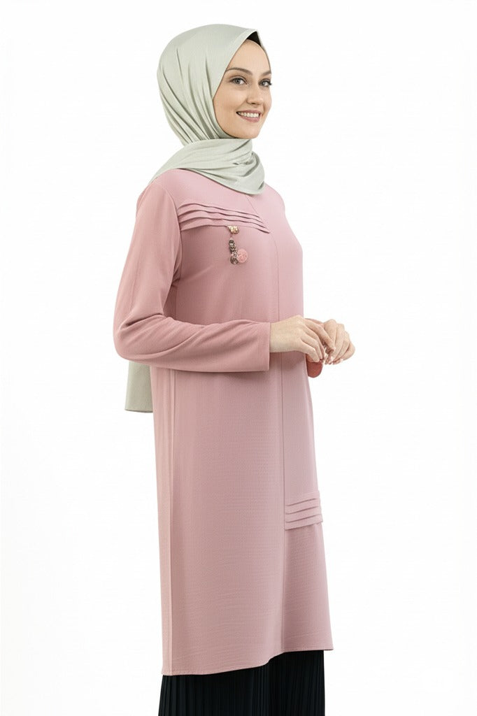 Kadın Bahar Püskülü Detaylı Yuvarlak Yaka Rahat Kesim Likrasız Aerobin Kumaş Tunik