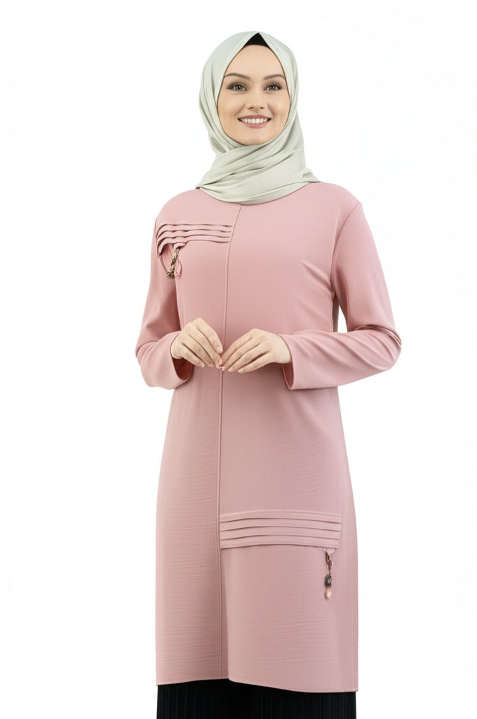 Kadın Bahar Püskülü Detaylı Yuvarlak Yaka Rahat Kesim Likrasız Aerobin Kumaş Tunik