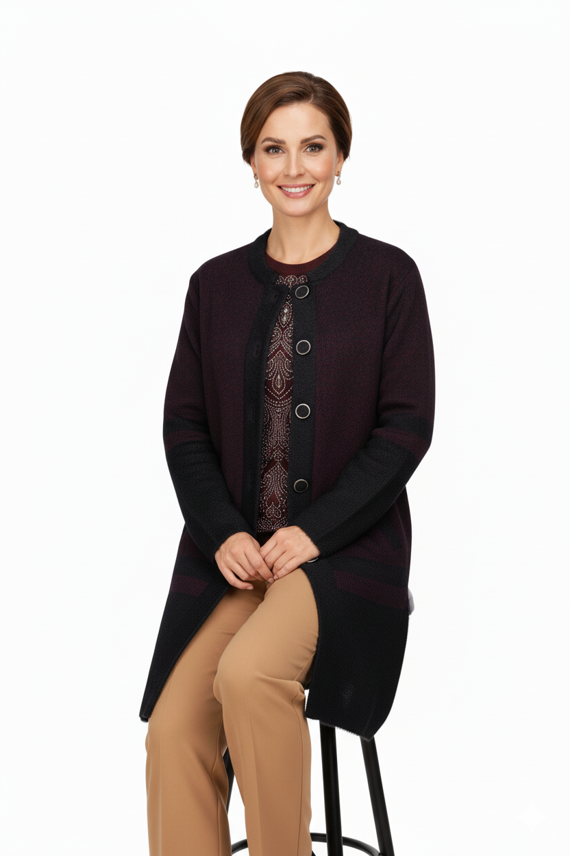 Kadın Kışlık Kalın Angora Yün Örme Anne Uzun Hırka Düğmeli Cepli Tam Kalıp Yuvarlak Yakalı