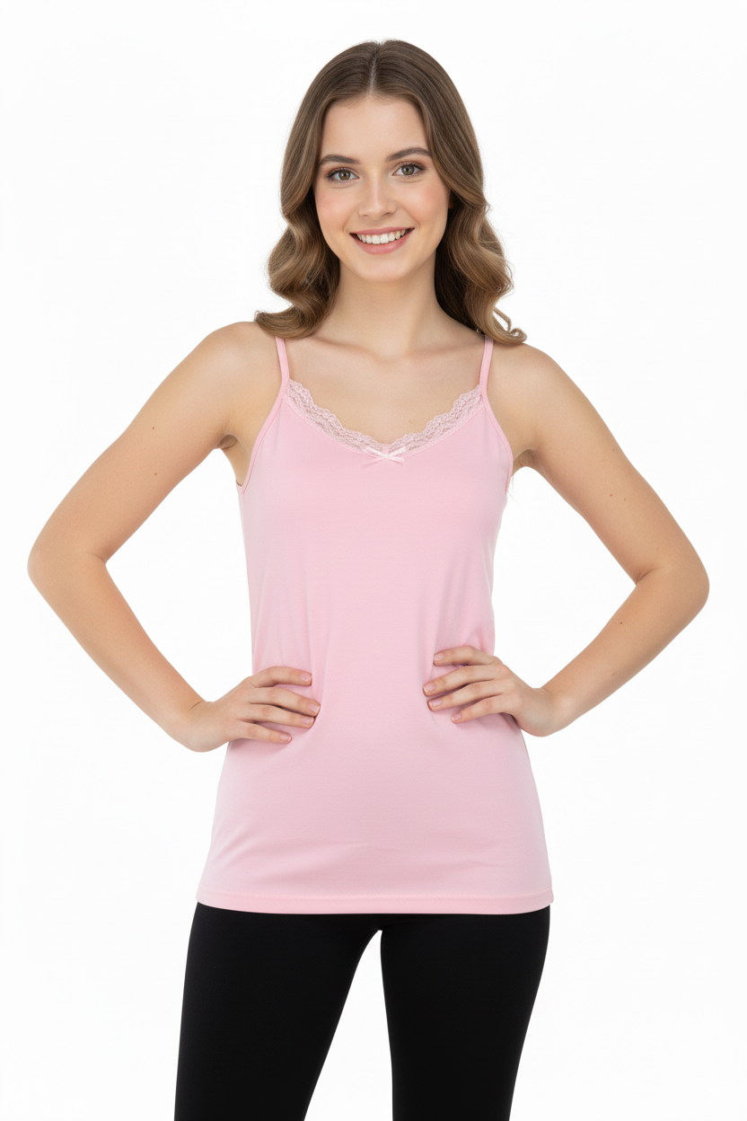 Kadın Düz Renk Dantelli Kolsuz Tek Beden Dar Kesim Likralı Pamuk Tommy Kumaş Askılı Badi