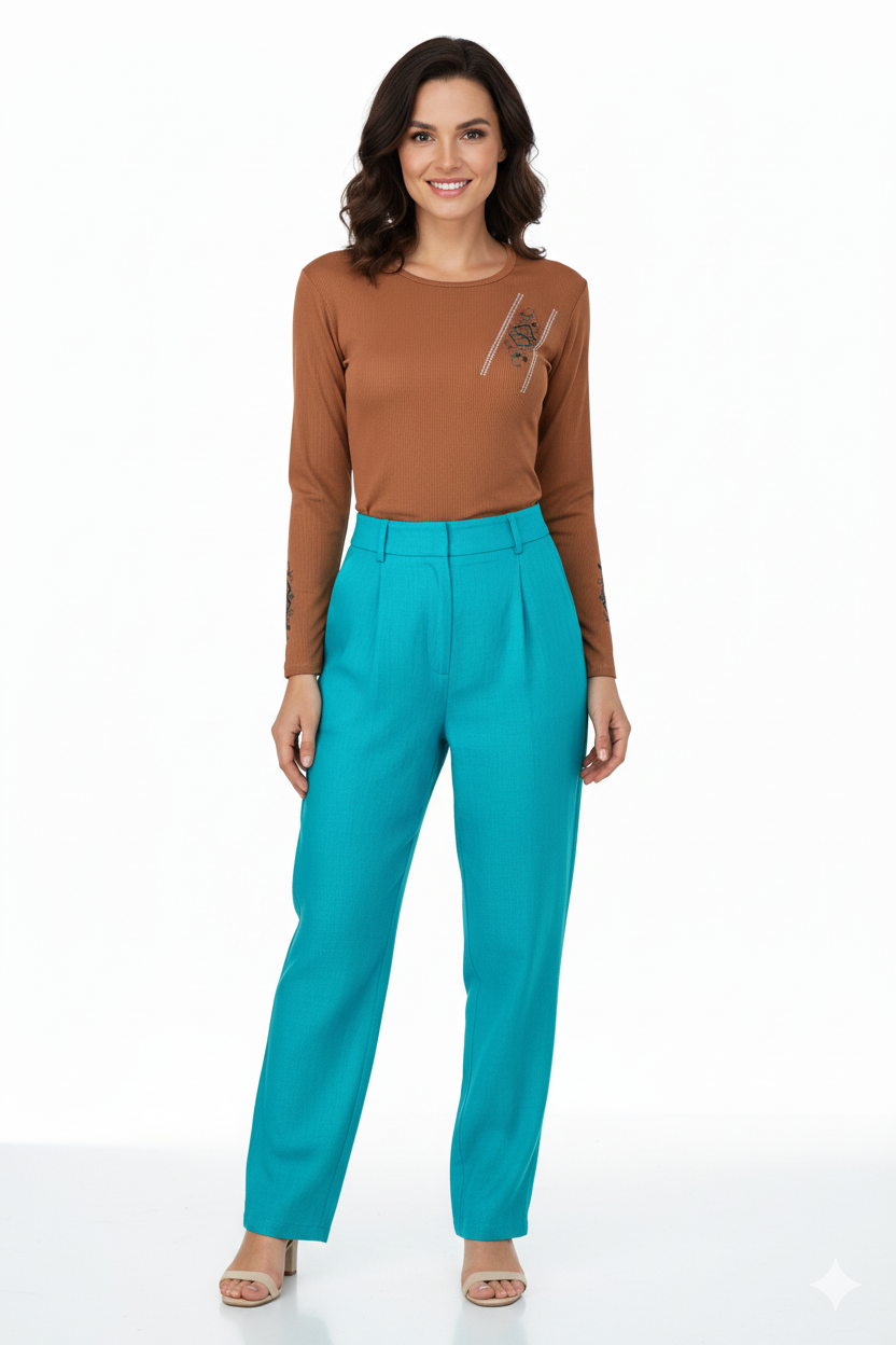 Kadın Badi Bluz Gofre Kumaş Şık Nakışlı Likralı Yuvarlak Yaka Uzun Kollu Normal Kesim