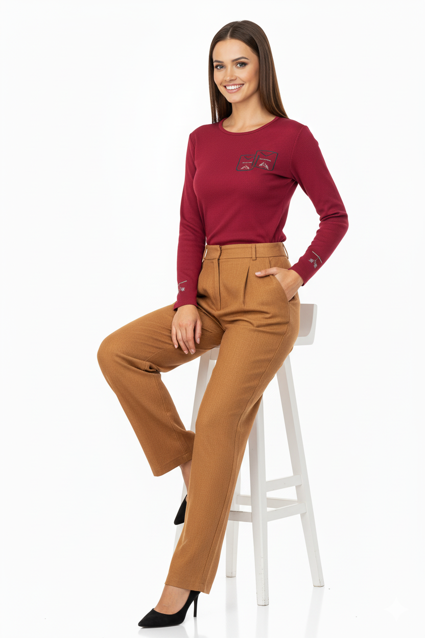 Kadın Badi Bluz Gofre Kumaş Resim Nakışlı Likralı Yuvarlak Yaka Uzun Kollu Normal Kesim