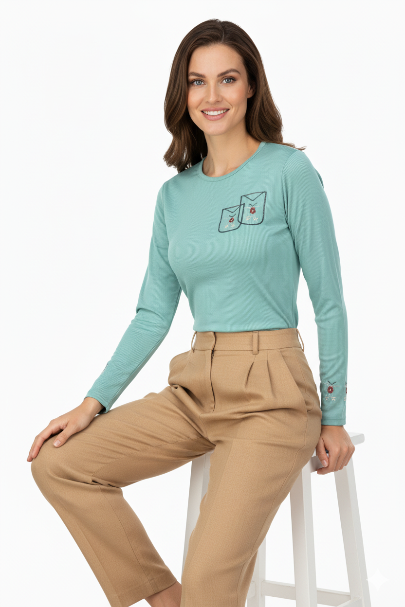 Kadın Badi Bluz Gofre Kumaş Resim Nakışlı Likralı Yuvarlak Yaka Uzun Kollu Normal Kesim