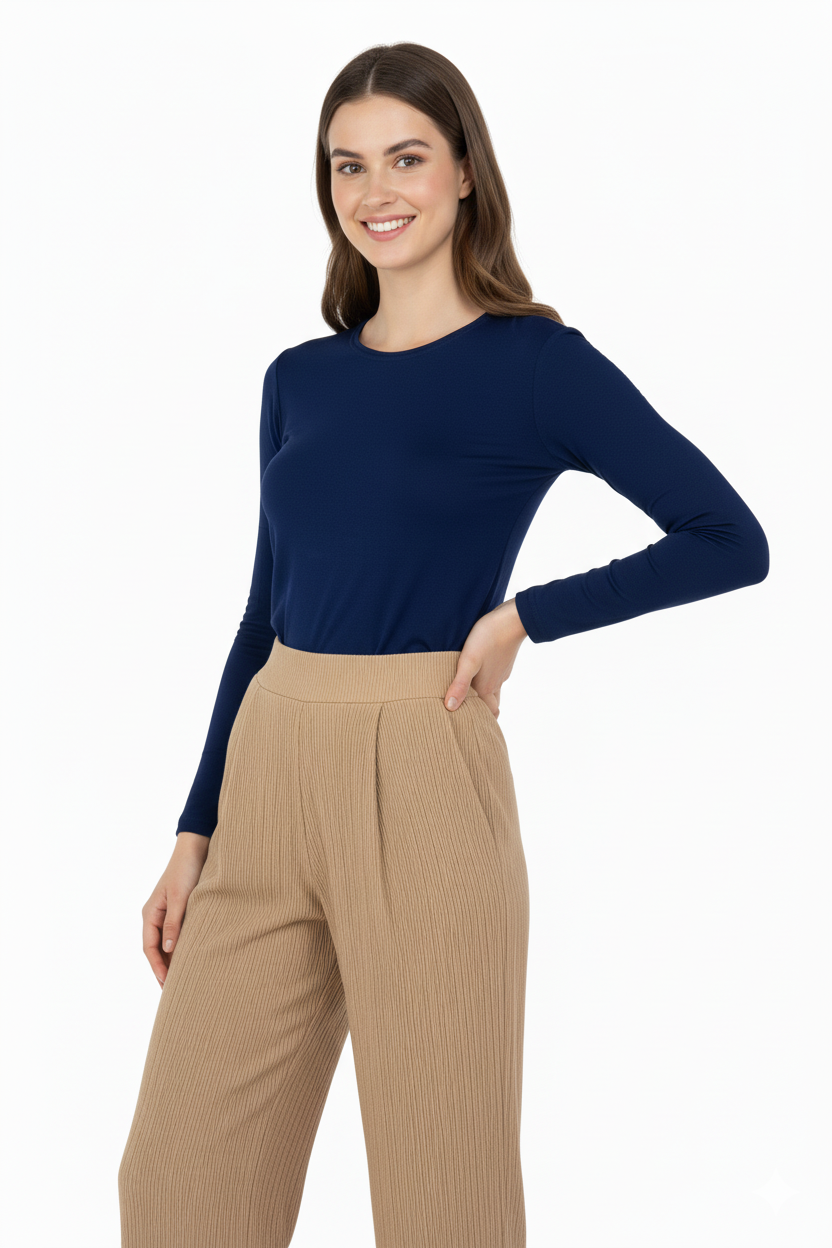 Kadın Düz Renk Yuvarlak Yaka Uzun Kol Darkesim Bedene Oturan Likralı Turlu Viskon Kumaş Badi