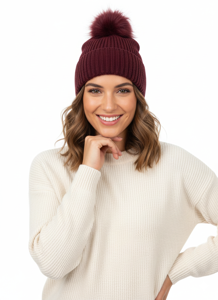 Oppland Kadın Kışlık Kalın Ponponlu Bere Pamuklu Katlamalı Sıcak Tutar Esnek Rüzgar Geçirmez Rahat Tasarım