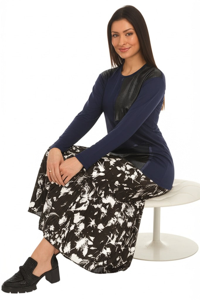 Kadın Viskon Penye Kumaş Taşlı Anne Bluz Yuvarlak Yaka Desenli Uzun Kol Tam Kalıp