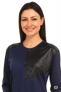 Kadın Viskon Penye Kumaş Taşlı Anne Bluz Yuvarlak Yaka Desenli Uzun Kol Tam Kalıp