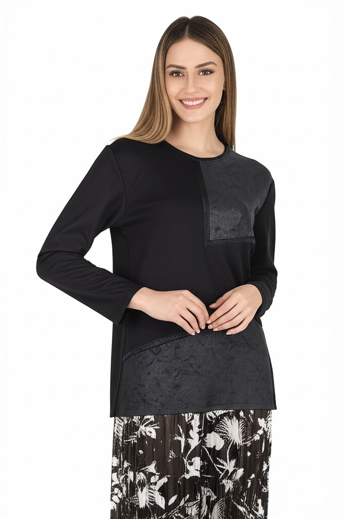 Kadın Viskon Penye Kumaş Taşlı Anne Bluz Yuvarlak Yaka Desenli Uzun Kol Tam Kalıp