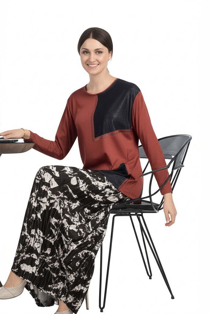 Kadın Viskon Penye Kumaş Taşlı Anne Bluz Yuvarlak Yaka Desenli Uzun Kol Tam Kalıp