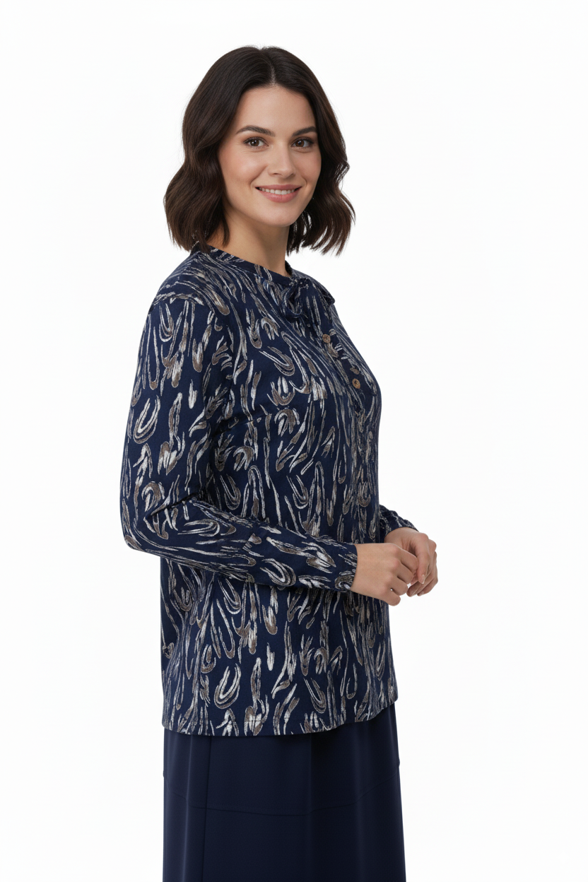 Kadın Bluz Viskon Penye Kumaş Bağcık Yakalı Simli Model Uzun Kollu Likralı Rahat Tam Kalıp