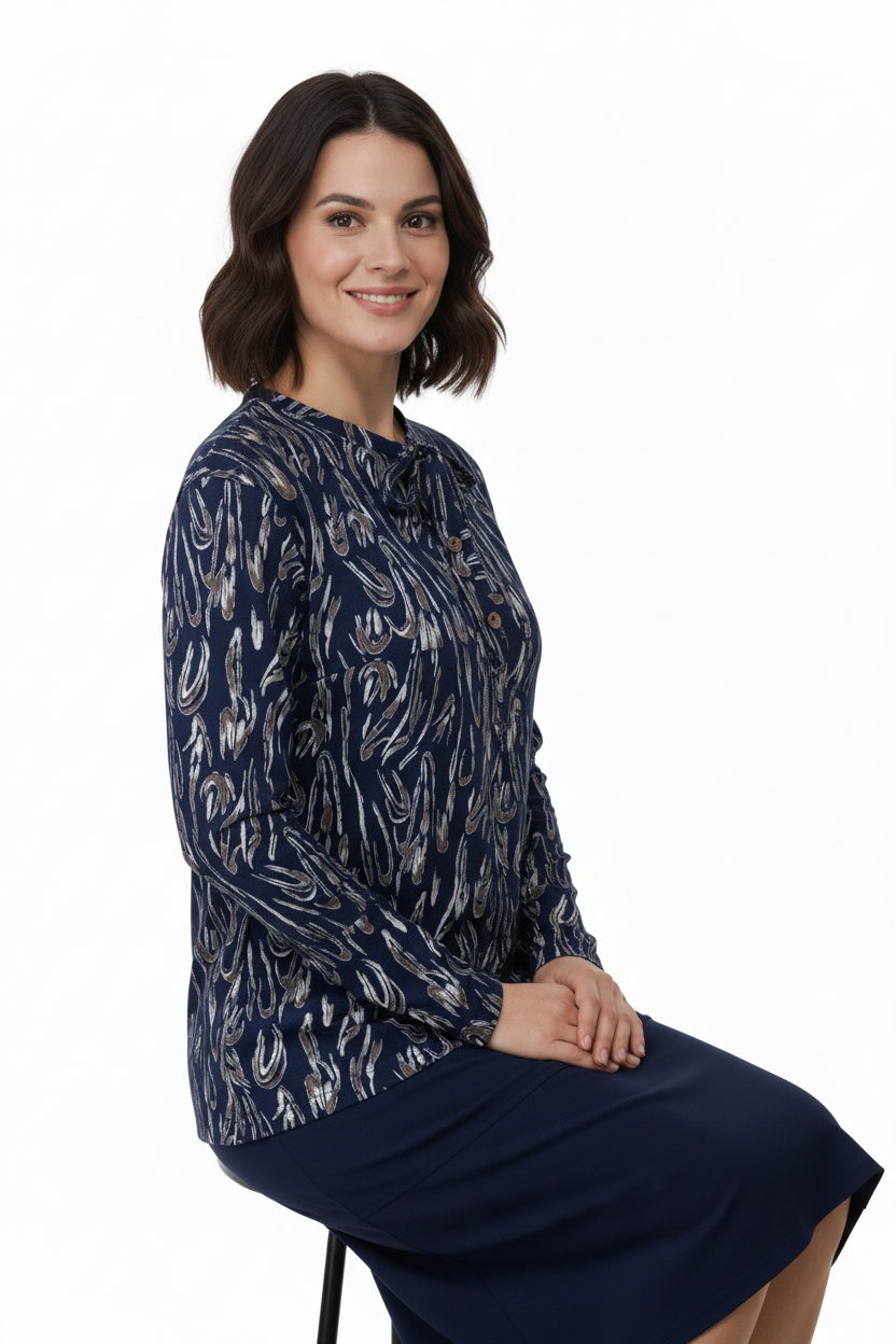 Kadın Bluz Viskon Penye Kumaş Bağcık Yakalı Simli Model Uzun Kollu Likralı Rahat Tam Kalıp