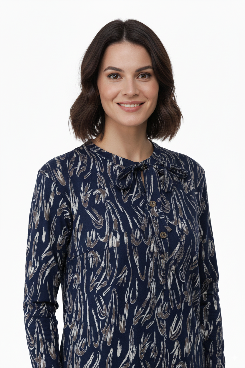 Kadın Bluz Viskon Penye Kumaş Bağcık Yakalı Simli Model Uzun Kollu Likralı Rahat Tam Kalıp