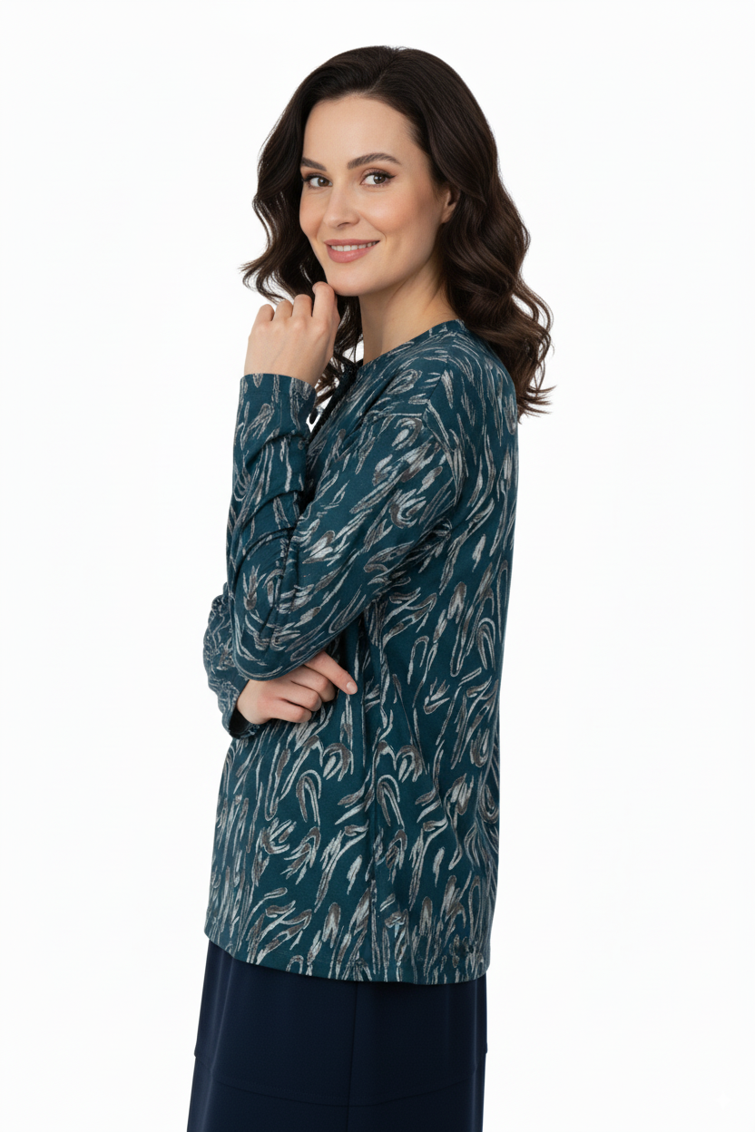 Kadın Bluz Viskon Penye Kumaş Bağcık Yakalı Simli Model Uzun Kollu Likralı Rahat Tam Kalıp