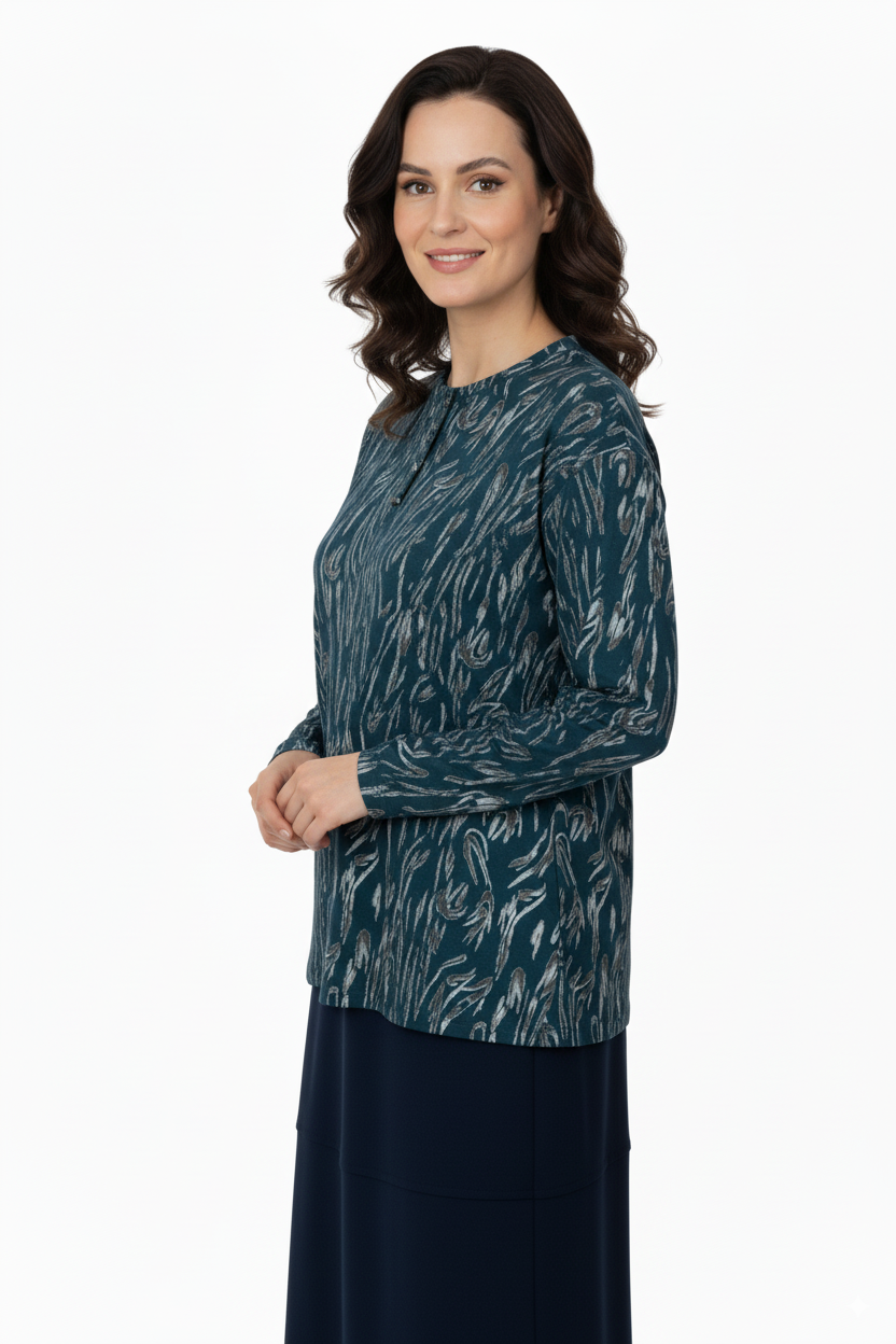 Kadın Bluz Viskon Penye Kumaş Bağcık Yakalı Simli Model Uzun Kollu Likralı Rahat Tam Kalıp