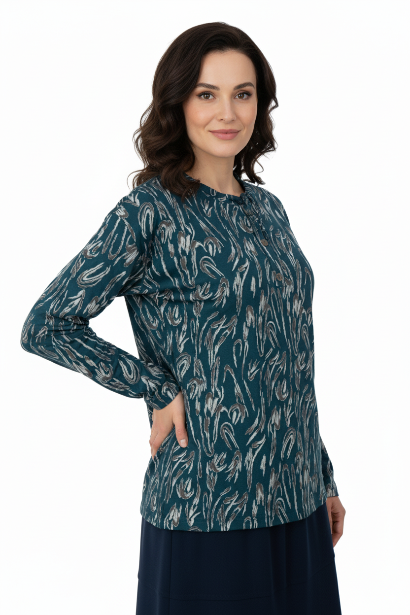 Kadın Bluz Viskon Penye Kumaş Bağcık Yakalı Simli Model Uzun Kollu Likralı Rahat Tam Kalıp